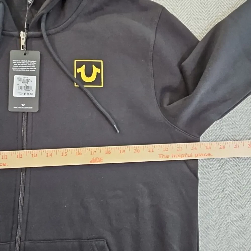 True Religion Full Zip Hoodie Men's XL NWT Black Long Sleeve Gold‎ Sleeve